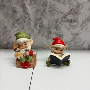 Homco Set of 2 Festive Elf Figurines with Red and Green Accents #5406